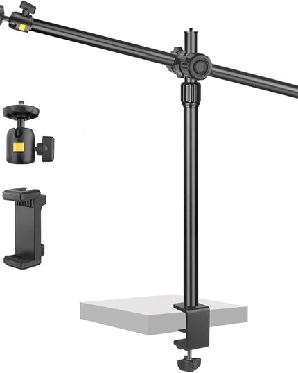 Camera Desk Mount Webcam Stand with Overhead Articulating Magic Boom Arm 1/4" Ball Head for DSLR Tripod, Adjustable Light Stand, Tabletop C Clamp for Ring Light Photo Video Shooting Live Streaming