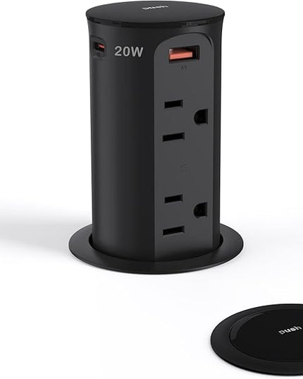 Pop up Outlet for Countertop,2.5 Inch Hole Desktop Power Grommet,Recessed Power Strip,20W USB C Fast Charging,4 Outlets 4 USB Ports,15Amp Tamper Resistant Receptacle for Home,Kitchen,Office Black