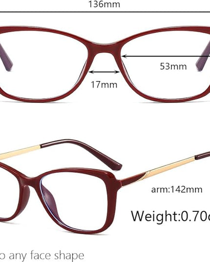 Siming Blue Light Blocking Glasses, Burgundy Frame with Gold Temples, Square Shape, Clear Lenses