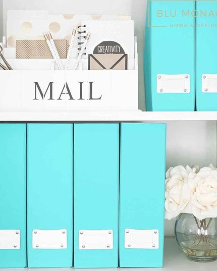 BLU MONACO Set of 6 Aqua Magazine File Holders | Foldable Magazine Storage Boxes with White Leather Label Holders | Vertical File Organizer for Desk, Shelves & Home Office