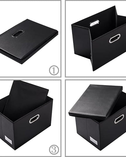 PRANDOM Large Stackable Storage Boxes with Lids [5-Pack] Leather Fabric Foldable Storage Bins Organizer Containers Baskets Cubes with Cover for Bedroom Closet Office Nursery Black(17.7x11.8x11.8)