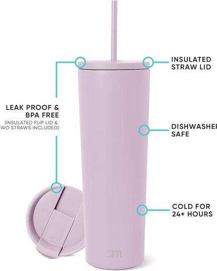 Simple Modern Insulated Tumbler with Lid and Straw | Iced Coffee Cup Reusable Stainless Steel Water Bottle Travel Mug | Gifts for Women Men Her Him | Classic Collection | 28oz | Lavender Mist