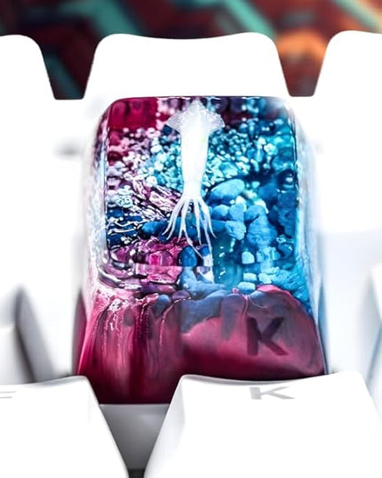 Squid Artisan Keycap Blue Purple Coral Reef R1 SA Profile Custom Sea Creatures Keycaps 1U ESC Handmade Gaming Ocean Resin Key Cap Cherry MX Switch Compatible Mechanical Keyboard Squid Lover Gift