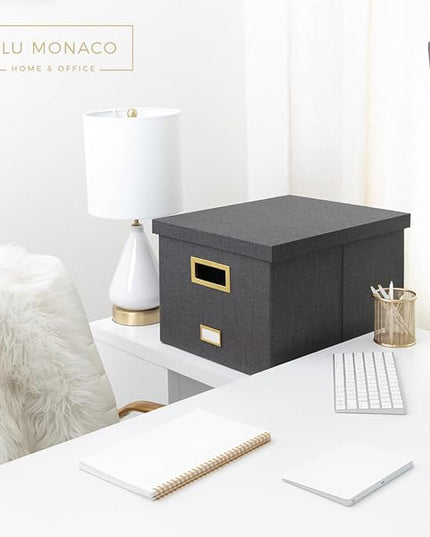 BLU MONACO Grey Linen Hanging File Box with Lid | Portable Paper Organizer Storage for Letter & Legal Folders | Collapsible MDF File Storage with Gold Handles and Label Holder