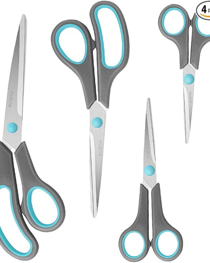 Asdirne Scissors Set of 4, Premium Stainless Steel Razor Blades, Ergonomic Semi-Soft Rubber Grip, Suitable for School, Office and Family Daily Use, 9.6''/8.5''/6.4"/5.4", Blue&Gray