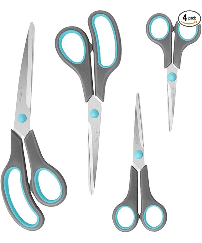 Asdirne Scissors Set of 4, Premium Stainless Steel Razor Blades, Ergonomic Semi-Soft Rubber Grip, Suitable for School, Office and Family Daily Use, 9.6''/8.5''/6.4"/5.4", Blue&Gray