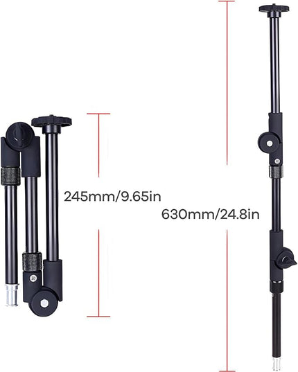 24.8in 3-Section Adjustable Friction Power Articulating Magic Arm, Overhead Camera Mount Bracket with 1/4" Screw, 3/8" Thread Hole and 5/8” Stud for Camera, LCD Monitor/LED Lights