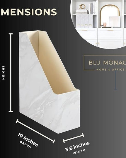 BLU MONACO Set of 4 Magazine Holders | White Marble Design with Gold Label Holders | Foldable File Organizer Boxes for Desk, Office & Classroom | Stylish Paper & Magazine Storage