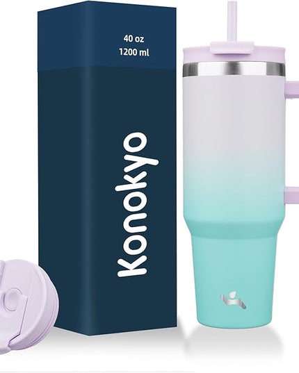 40 oz Tumbler with Handle and 2 Straws,2 in 1 Lid Insulated Water Bottle Stainless Steel Travel Coffee Mug,Lavender Green