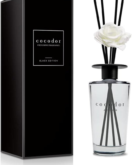 COCODOR White Flower Reed Diffuser / April Breeze / 1 Pack / Home & Office Decor Aromatherapy Diffuser Oil Gift Set / Large Size, Large Capacity, Big Size Diffuser, Black Edition/16.9Ounce(500 ml)