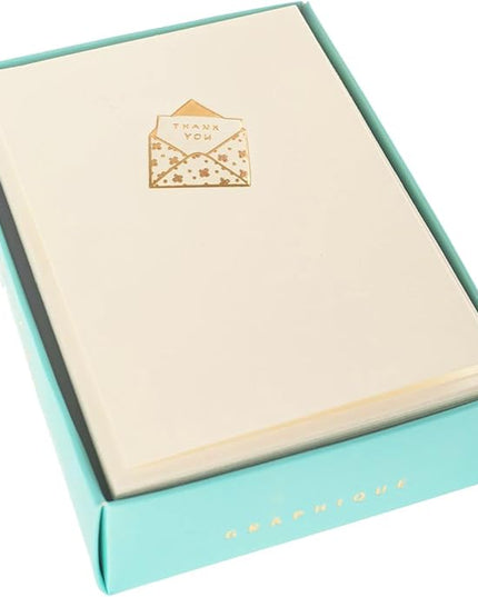 Graphique Just a Note La Petite Presse Boxed Notecards, 10 Embellished Gold Foil Blank"Thank You" Cards with Matching Envelopes and Storage Box, 3.25" x 4.75"