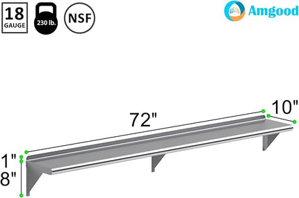 AmGood 72" Long X 10" Deep Stainless Steel Wall Shelf | NSF Certified | Appliance & Equipment Metal Shelving | Kitchen, Restaurant, Garage, Laundry, Utility Room