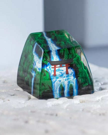 Red Torii Gate Artisan Keycap Japanese Shrine with Summer Waterfall R1 SA Profile Custom Keycaps 1U ESC Handmade Gaming Resin Key Cap Cherry MX Switch Compatible Mechanical Keyboard Japan Lover Gift