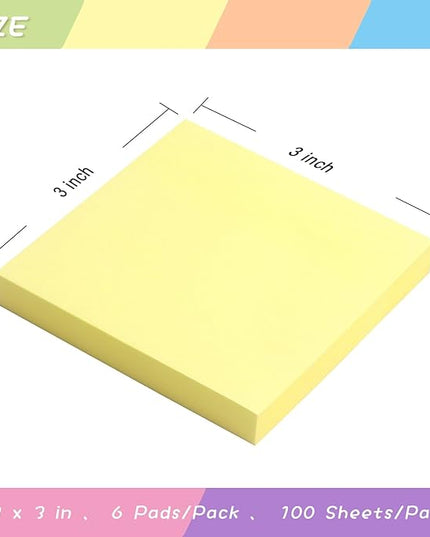 Sticky Notes 3x3 Self-Stick Notes Pads with 6 Bright Colors, Easy to Post for Office, School, Home, 6 Pads/Pack, 100 Sheets/Pad (Yellow)