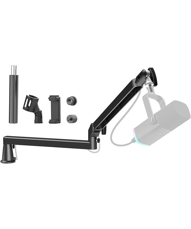 Low Profile Mic Arm 15cm Extra Riser Adjustable Mic Boom Arm Metal Desk Mounted Microphone Stand Cable Management Flexible Microphone Holder for Podcast Streaming Gaming Desktop