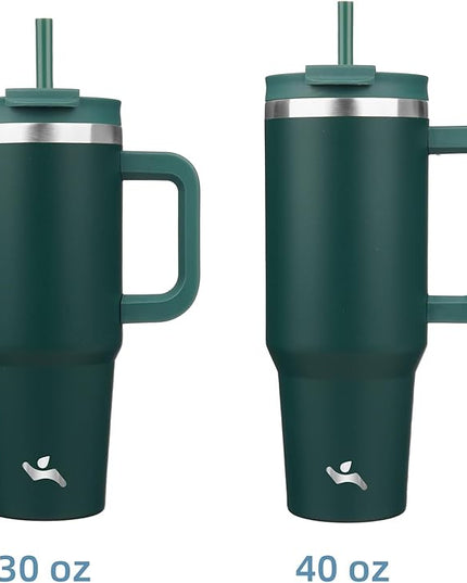 40 oz Tumbler with Handle and 2 Straws,2 in 1 Lid Insulated Water Bottle Stainless Steel Travel Coffee Mug,Dark Green