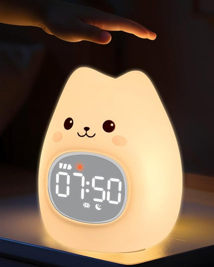 Cat Alarm Clock for Kids with Night Light, Sleep Training Clock Time to Wake Clock, Rechargeable Silicone Light for Bedroom, Perfect Sleep Companion for Boys Girls