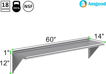 AmGood 60" Long X 14" Deep Stainless Steel Wall Shelf | NSF Certified | Appliance & Equipment Metal Shelving | Kitchen, Restaurant, Garage, Laundry, Utility Room
