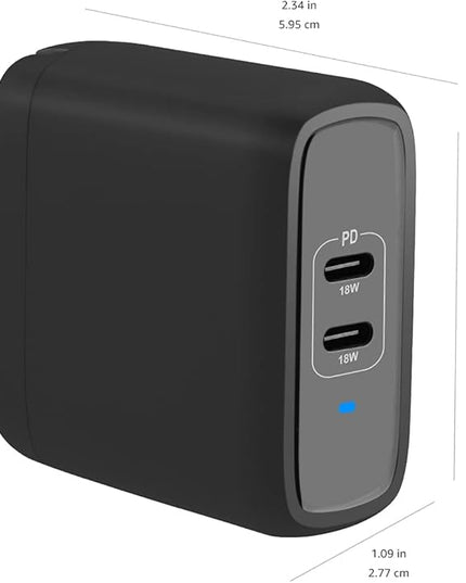 Amazon Basics 36W Dual Port USB-C Wall Charger with Power Delivery, Foldable Plug, for Tablets & Phones (iPhone 15/14/13/12/11/X, iPad, Samsung, and More), Non-PPS, 2.34 x 2.21 x 1.09 inches, Black