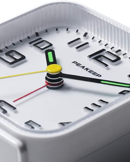 Peakeep 3D Numbers No Tick-Tock Analog Alarm Clock with Classic Beep Sound, Snooze, Manual Light and Battery Powered Small for Travel (White-3D)