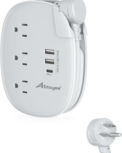 Alitayee USB C Portable Travel Power Strip with 3 Outlets 3 USB Ports Fast Charge, USB Extendable Outlet Extender with Flat Plug and 3ft Wrapped Around Extension Cord for Cruise Travel Home Office