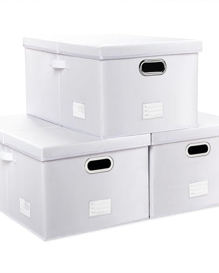 PRANDOM Collapsible Storage Box with Lid [3-Pack] Leather Fabric Foldable Storage Bin Organizer Container Basket Cube with Cover for Home Bedroom Closet Office Nursery White(22.8X15.7X11.8)
