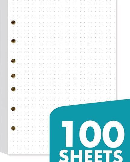 Dotted Filler Paper Pack of 100 Sheets, 7 Hole Punched Planner Refills 5 1/2 x 8 1/2 Inches, Fit 3 or 7 Ring Mini Binders