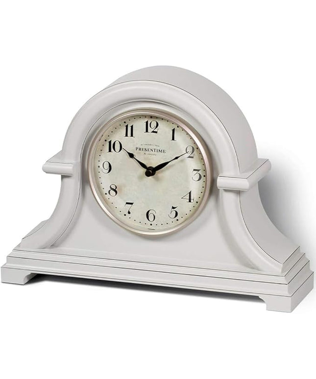 Presentime & Co. Mantel Clock Vintage Farmhouse Series, Napoleon Desk & Shelf Clock, 13 x 10 inch, Domed Lens, Quartz Movement, ABS Plastic Case, Gray Cream Finish (Home/Tabletop Decoration)