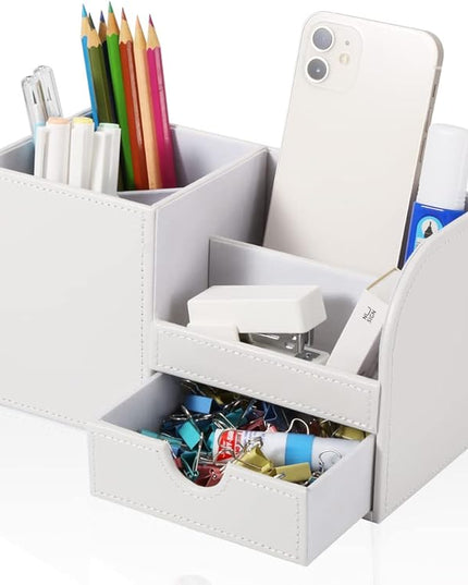 KINGFOM Desk Organizer Office Supplies Caddy Pu Leather Multi-function Storage Box Pen/Pencil,Cell phone, Business Name Cards Remote Control Holder with Small Drawer White
