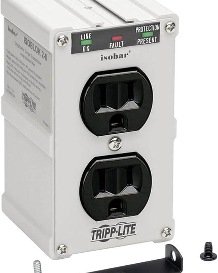Tripp Lite Isobar ISOBLOK2-0 Heavy Duty Outlet Extender, Wall Power Strip Surge Protector, 2 Outlets, Direct Plug-in, White, Metal Power Strip, Industrial Garage Work Shop Bench