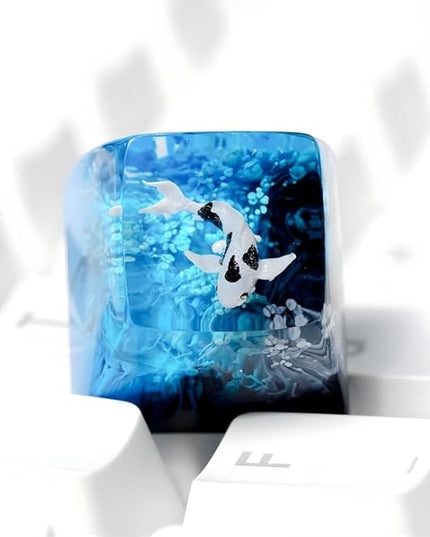 Kohaku Koi Artisan Keycap Blue Black Ocean Coral R1 SA Profile Custom Keycaps 1U ESC Handmade Gaming Resin Key Cap Cherry MX Switch Compatible Mechanical Keyboard Koi Lover Gift