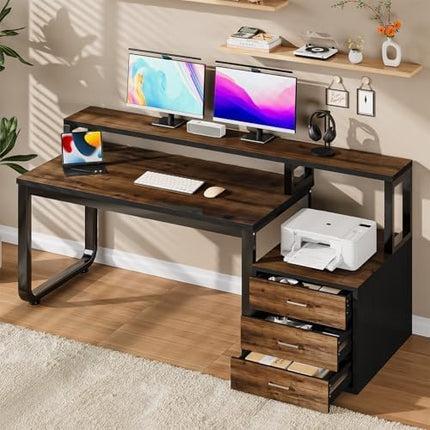 Computer Desk with Storage Drawers, 67 Inch Wooden Office Desk with Long Monitor Stand&Printer Shelf, Reversible Long Desk with LED Lights for Bedroom, Escritorios para Computadoras, Black and Walnut