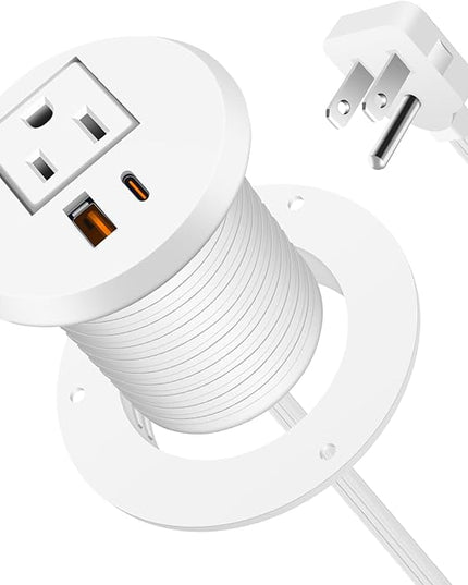 Desktop Power Grommet 2 Inch Hole, PD 30W USB C Fast Charging Station, Recessed Outlet, Ultra Thin Flat Plug Power Strip, Slim Extender, Table Outlets for Home, Office, 6ft Cord, White