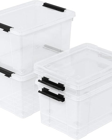4-Pack 22 Quart Plastic Storage Bins with Lids, Plastic Latching Storage Box with Wheels, Clear