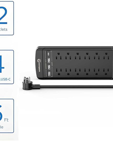 Surge Protector Power Strip - 12 Outlets,3 USB+USB-C 3.4A Ports, 6Ft Extension Cord, 1875W/15A, 4360Joules, Overload Protection - Ideal for Home & Office Use (Black-USBC)