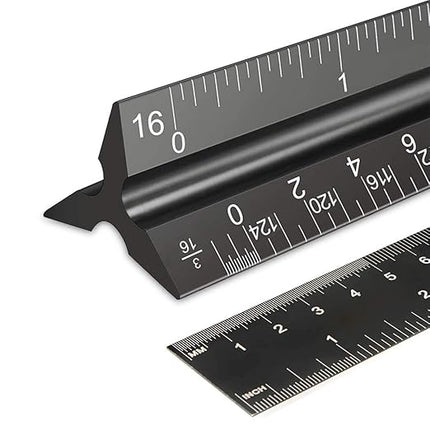 Rena Chris 2PCS Architectural Scale Ruler: 12" Imperial Aluminum Triangular Scale Ruler, Laser-Etched Architecture Ruler, Drafting & Architect Ruler for Architects, Students, Draftsman(Black)