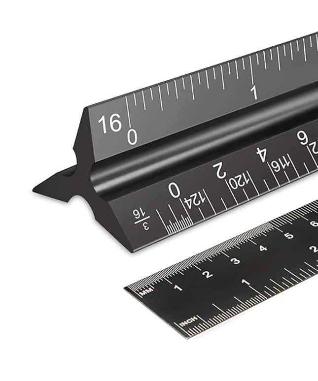 Rena Chris 2PCS Architectural Scale Ruler: 12" Imperial Aluminum Triangular Scale Ruler, Laser-Etched Architecture Ruler, Drafting & Architect Ruler for Architects, Students, Draftsman(Black)