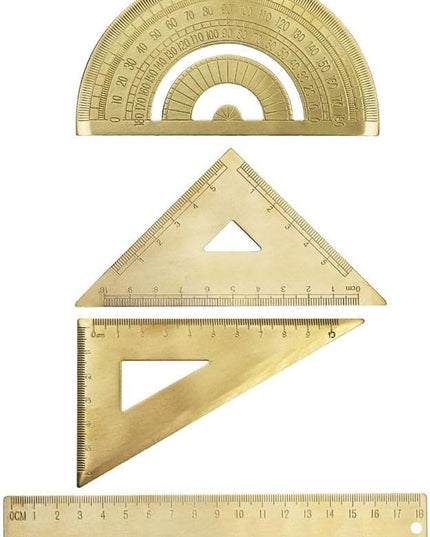 Golden Brass Ruler Set with Protractor and Triangles, 18 cm / 7 inch for Precision Measuring Tools for Drafting, Art, Engineering, School, Office, Portable Stationery Kit
