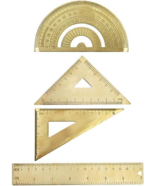 Golden Brass Ruler Set with Protractor and Triangles, 18 cm / 7 inch for Precision Measuring Tools for Drafting, Art, Engineering, School, Office, Portable Stationery Kit