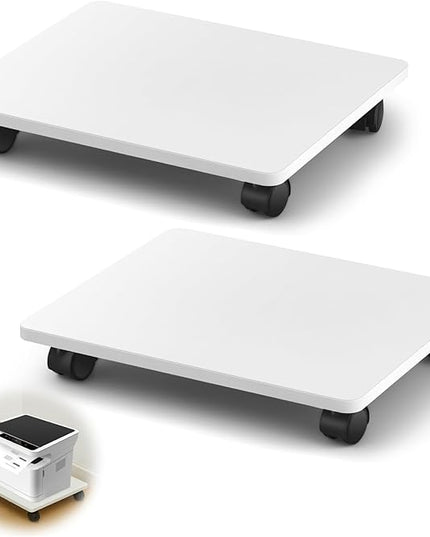 2 Pcs Office Under Desk Printer Stand with 4 Caster Wheels White Movable Printer Copier Shelf and CPU Holder for Home Office Heavy Duty Storage Rack Scanner Fax Machine, 13.78 x 11.81 Inches