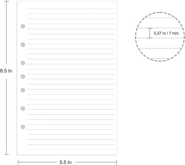7-Hole Lined Refills Paper, A5 Filler Paper for Planner Inserts, A5 Loose Leaf Paper, 7 Hole Refills, 100 Sheets/200 Pages, College Ruled, 5.5 X 8.5 Inch (White Paper, 100 Sheets)