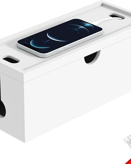 Bamboo Cable Management Box, Large Cord Organizer Box Cable Box to Hide Wires & Power Strips for Desktop Storage Cord Holder for Office Home,No Assembley Required (All White, 1Medium)