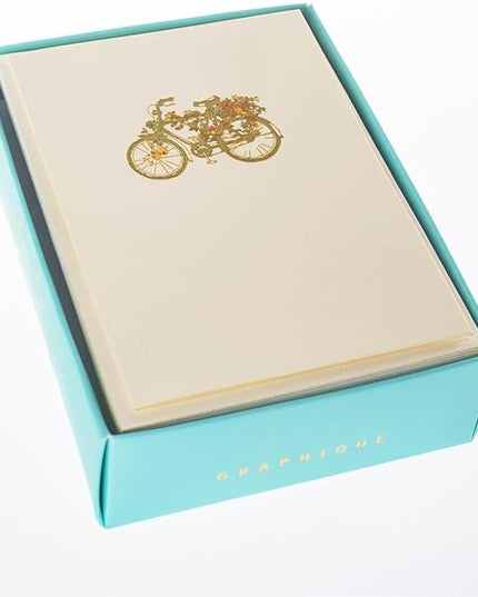 Graphique Flower Bicycle La Petite Presse Boxed Notecards, 10 Embellished Gold Foil Blank Cards with Matching Envelopes and Storage Box, 3.25" x 4.75"