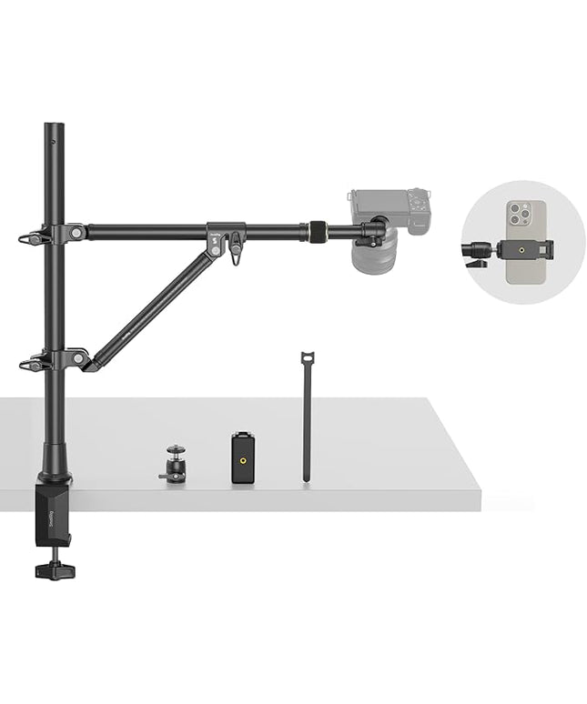 SMALLRIG Triangle Camera Desk Mount, Max. Load 3kg/ 6.6lbs, Overhead Mount with Auxiliary Support Rod, with Phone Holder and Small Ball Head for Camera/Phone/Light/Webcam