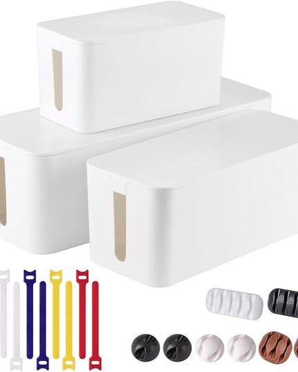 3 Pack Cable Management Box with 18 PCS Cable Management Set - Large & Medium & Small Cable Organizer Box to Hide Wires & Power Strips | TV Cord Organizer Box | for Home & Office, White