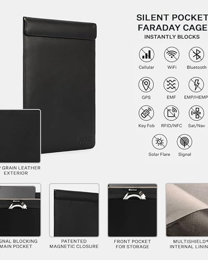 SLNT Faraday Bag Tablet Sleeve with Silent Pocket - Leather Signal Blocking Device Shielding for iPad, Samsung Galaxy Tab, Most Tablets for Travel Privacy (Black Leather, Large)