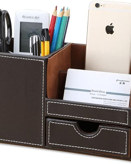 KINGFOM Desk Organizer Office Supplies Caddy Pu Leather Multi-function Storage Box Pen/Pencil,Cell phone, Business Name Cards Remote Control Holder with Small Drawer Brown