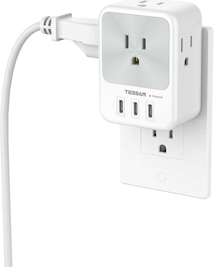 USB Multi Plug Outlet Splitter, TESSAN Surge Protector 4 Outlet Extender with 3 USB C Wall Charger Blocks, 3-Sided Multiple Plug Expander for Home Office Dorm Room Essentials