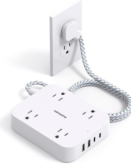 Flat Plug Extension Cord, HANYCONY 5ft Power Strip with 4 USB Ports(2 USB C), 4 Widely Outlets Extender, Wall Mount, Desk Charging Station for Office School Travel Dorm Room Essentials, ETL Listed