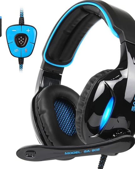 SADES SA902 Stereo Gaming Headset 7.1 USB Surround Sound PC Headsets Over-Ear Gaming Headphones with Microphone LED Light Black Blue